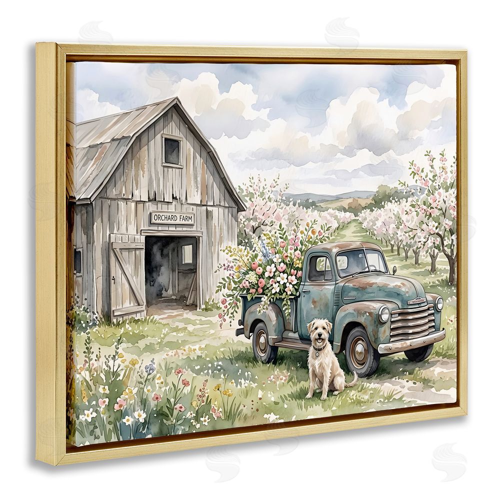 Tabz Jones Spring Orchard and Truck Gold Floating Framed Canvas Wall Art Print