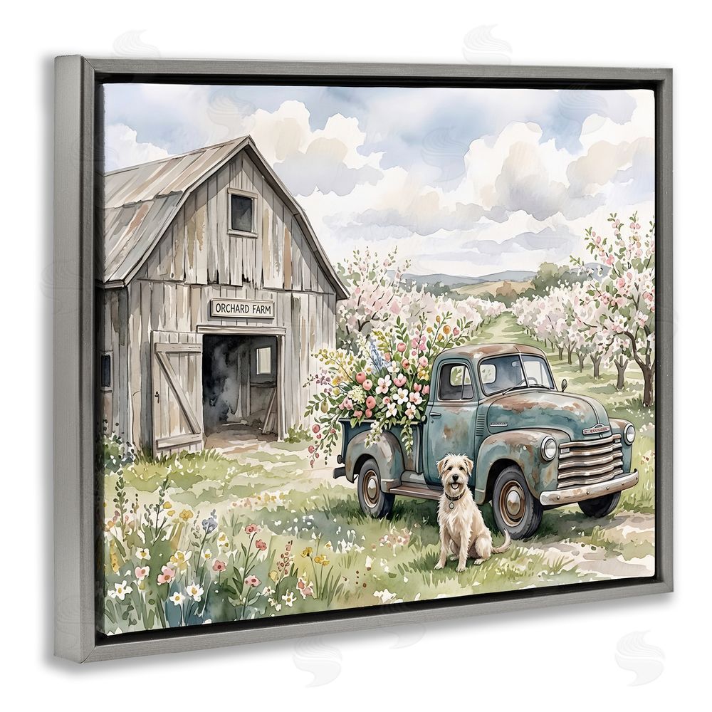 Tabz Jones Spring Orchard and Truck Gray Floating Framed Canvas Wall Art Print