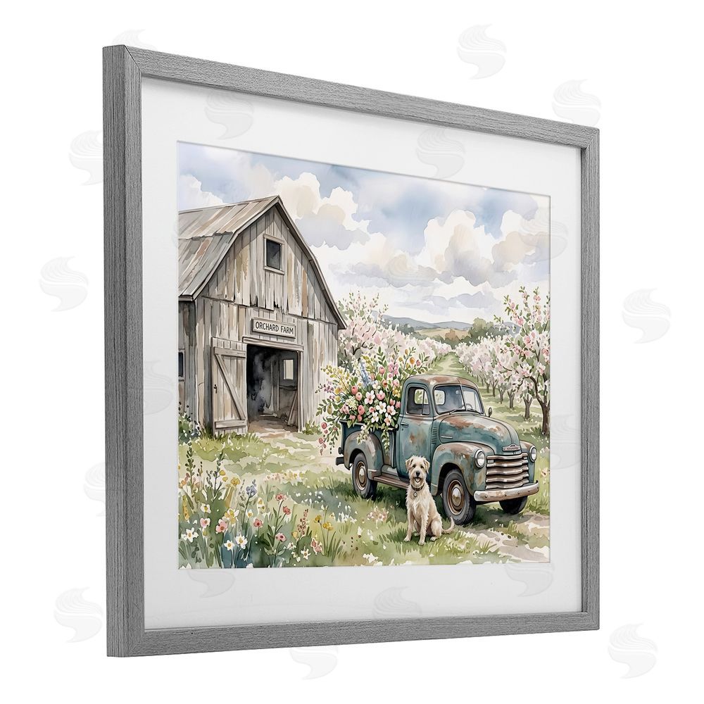 Tabz Jones Spring Orchard and Truck Gray Framed Print Under Glass with White Mat Wall Art