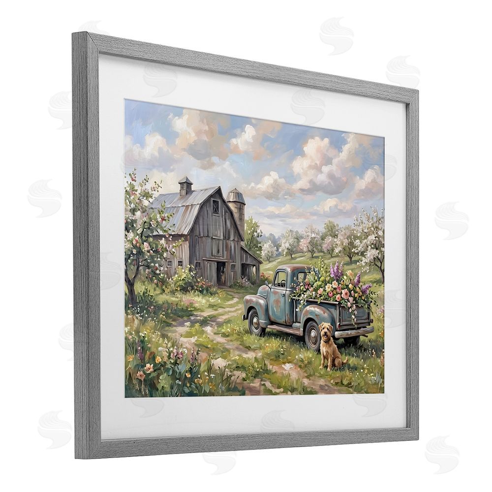 Tabz Jones Proud Dog by Truckload of Flowers Gray Framed Print Under Glass Wall Art