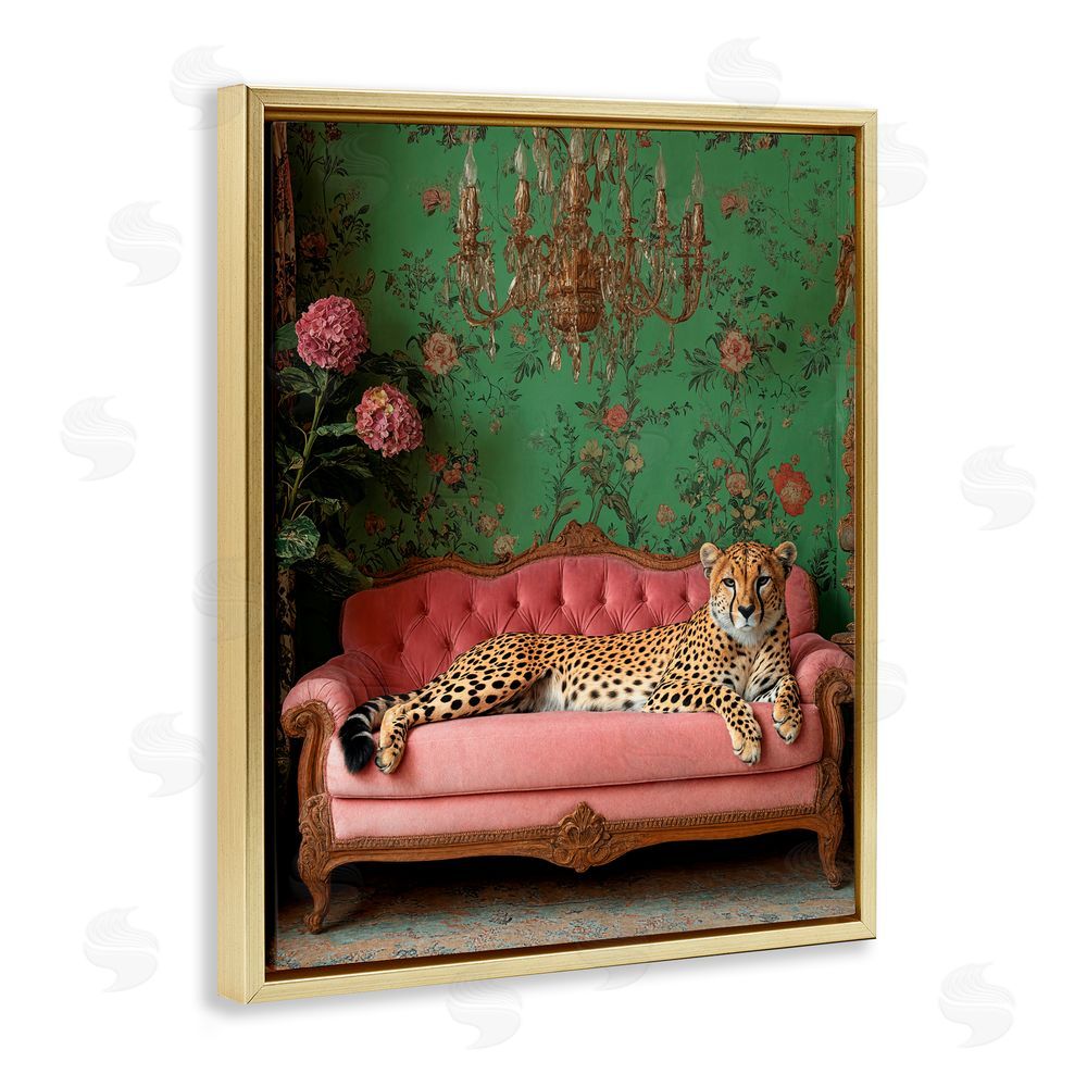 Scott Stulberg Ornate Sophisticated Leopard Lounging Gold Floating Framed Canvas Wall Art