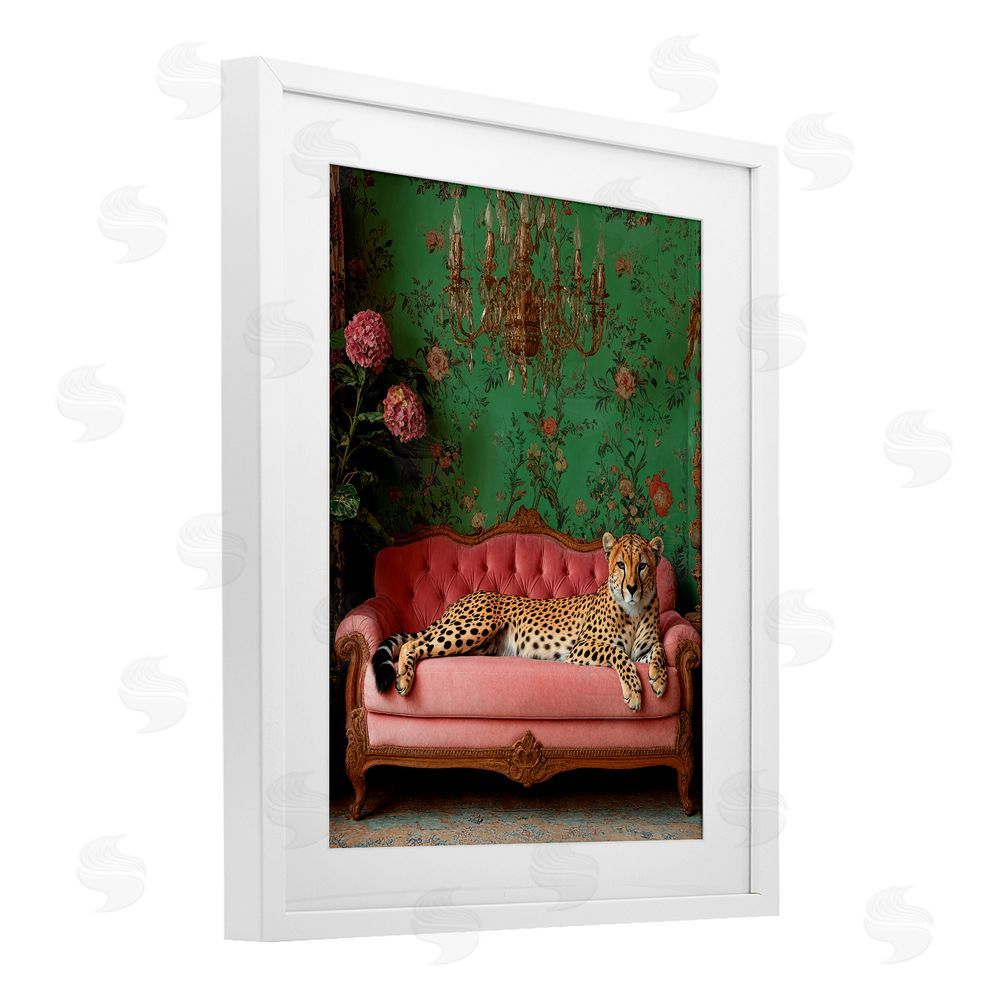 Scott Stulberg Ornate Sophisticated Leopard Lounging White Framed Print Under Glass Wall Art