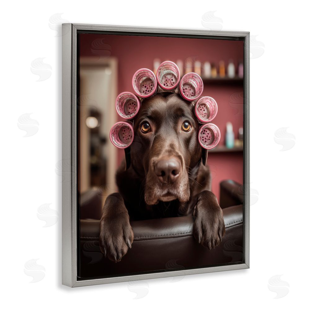 Scott Stulberg Dog at Salon with Curlers Gray Floating Frame Canvas Wall Art Print