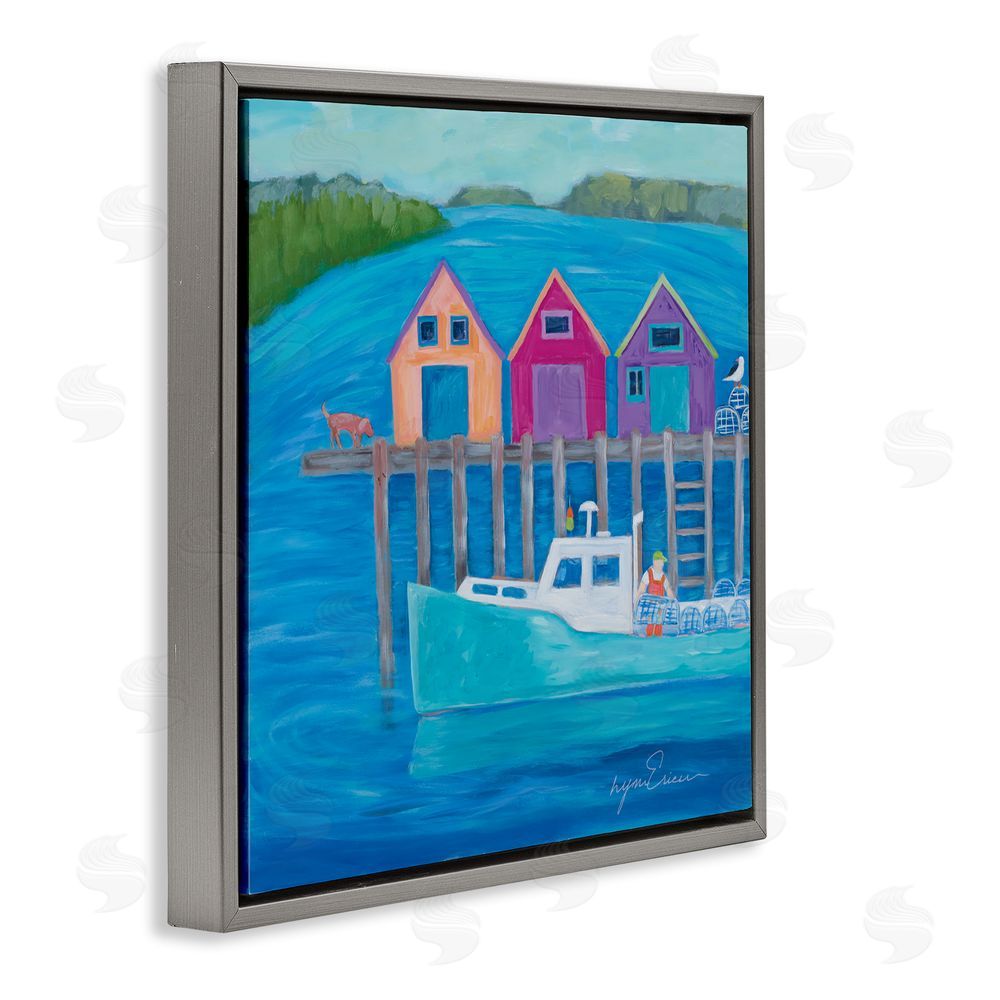 Lynn Ericson Fine Art Work Day at Seaside Village Gray Floating Framed Canvas Wall Art Print