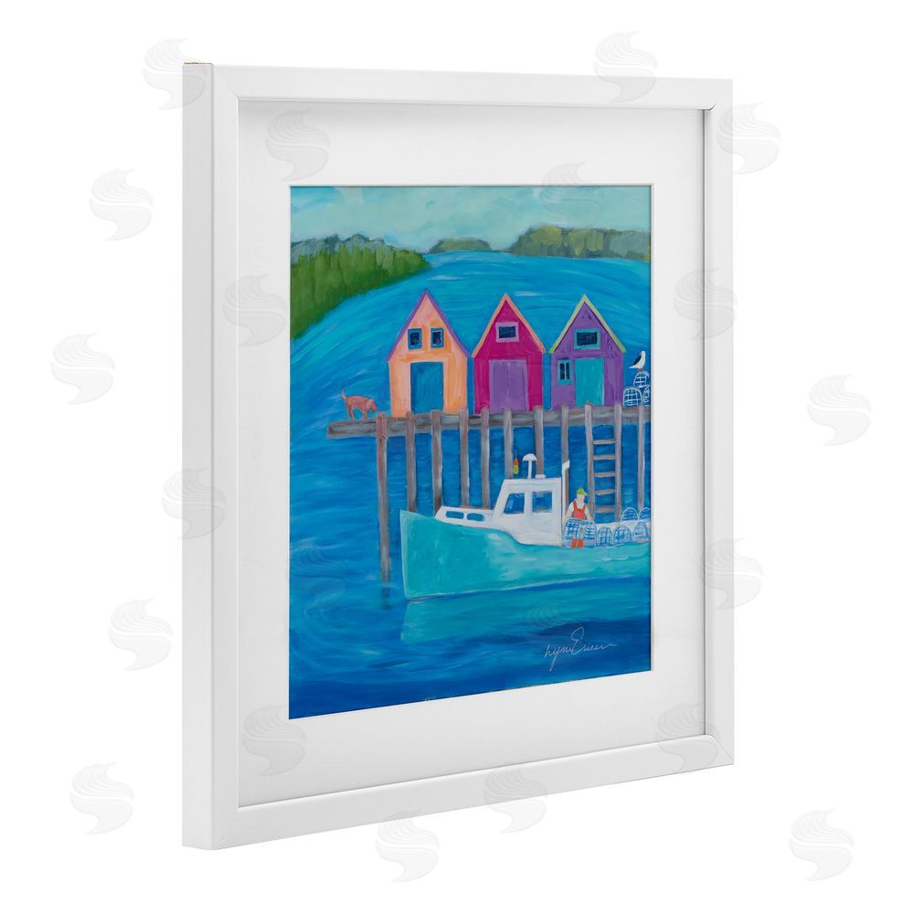 Lynn Ericson Fine Art Work Day at Seaside Village White Framed Print Under Glass with White Mat Wall Art