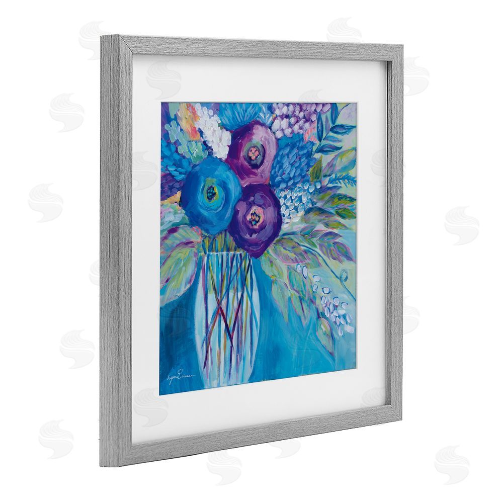 Lynn Ericson Fine Art True Blue Flower Bouquet Gray Framed Print Under Glass with White Mat Wall Art