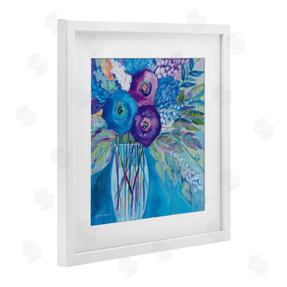 Lynn Ericson Fine Art True Blue Flower Bouquet White Framed Print Under Glass with White Mat Wall Art