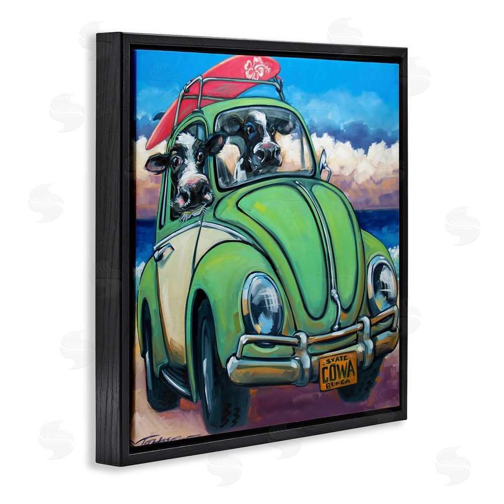 CR Townsend Cowabunga Surfer Cows Black Floating Frame Canvas Wall Art Print