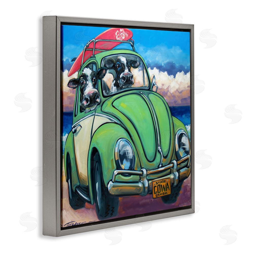 CR Townsend Cowabunga Surfer Cows Gray Floating Frame Canvas Wall Art Print