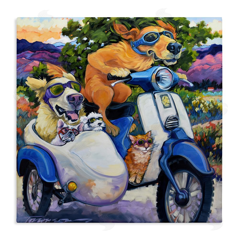 CR Townsend All Doggled Up Sidecar Stretched Canvas Wall Art Print
