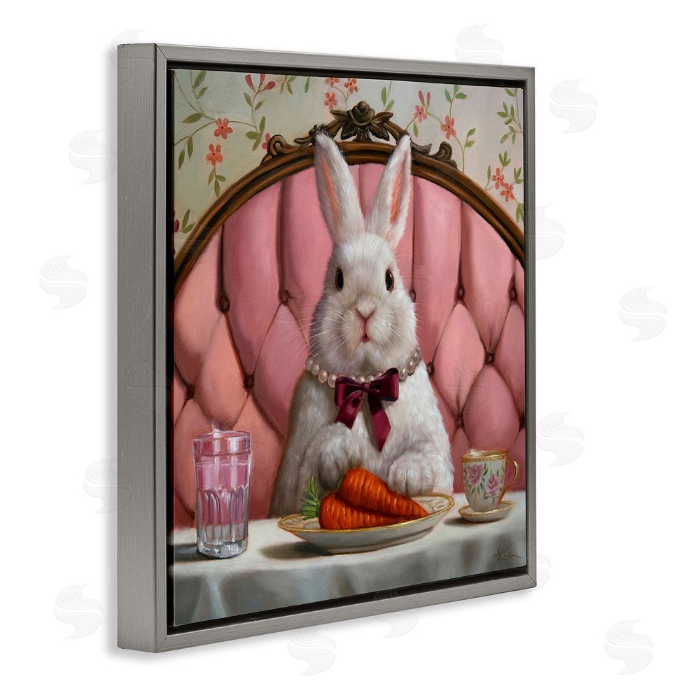 Lucia Heffernan Bun Appetit Rabbit Dining Gray Floating Frame Stretched Canvas Wall Art Print