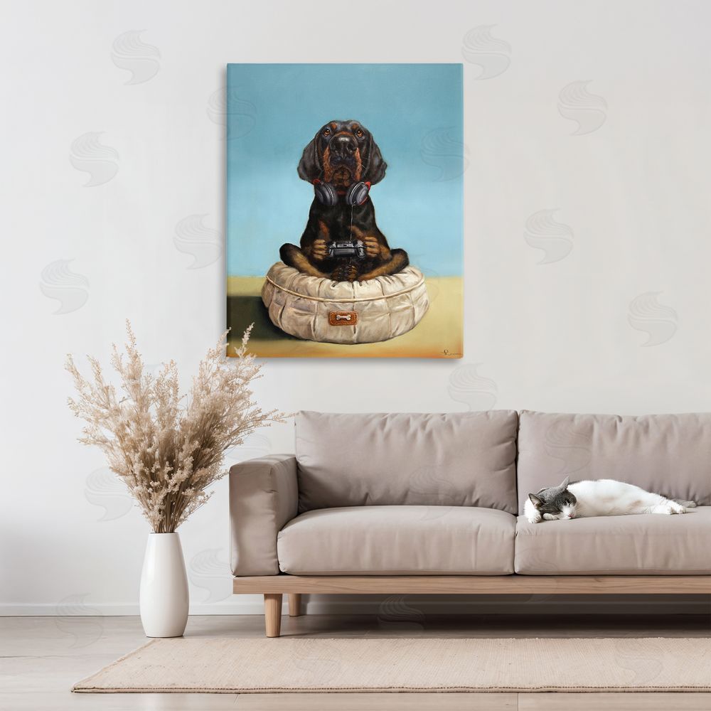 Lucia Heffernan Game Boy Playing Dog Stretched Canvas Wall Art in Room