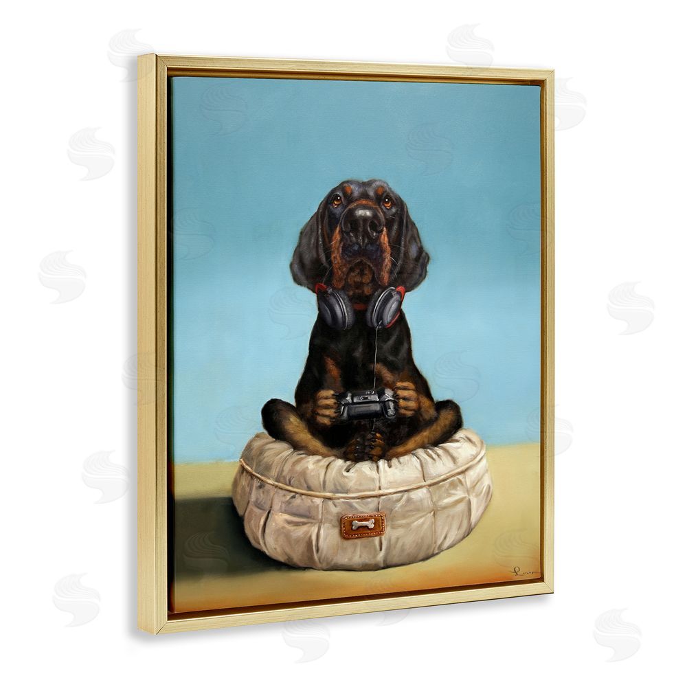 Lucia Heffernan Game Boy Playing Dog Gold Floating Framed Canvas Wall Art