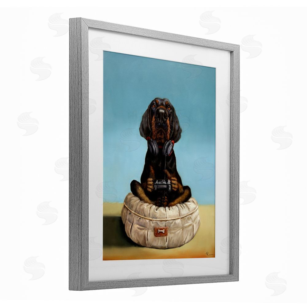 Lucia Heffernan Game Boy Playing Dog Gray Framed Print Under Glass Wall Art