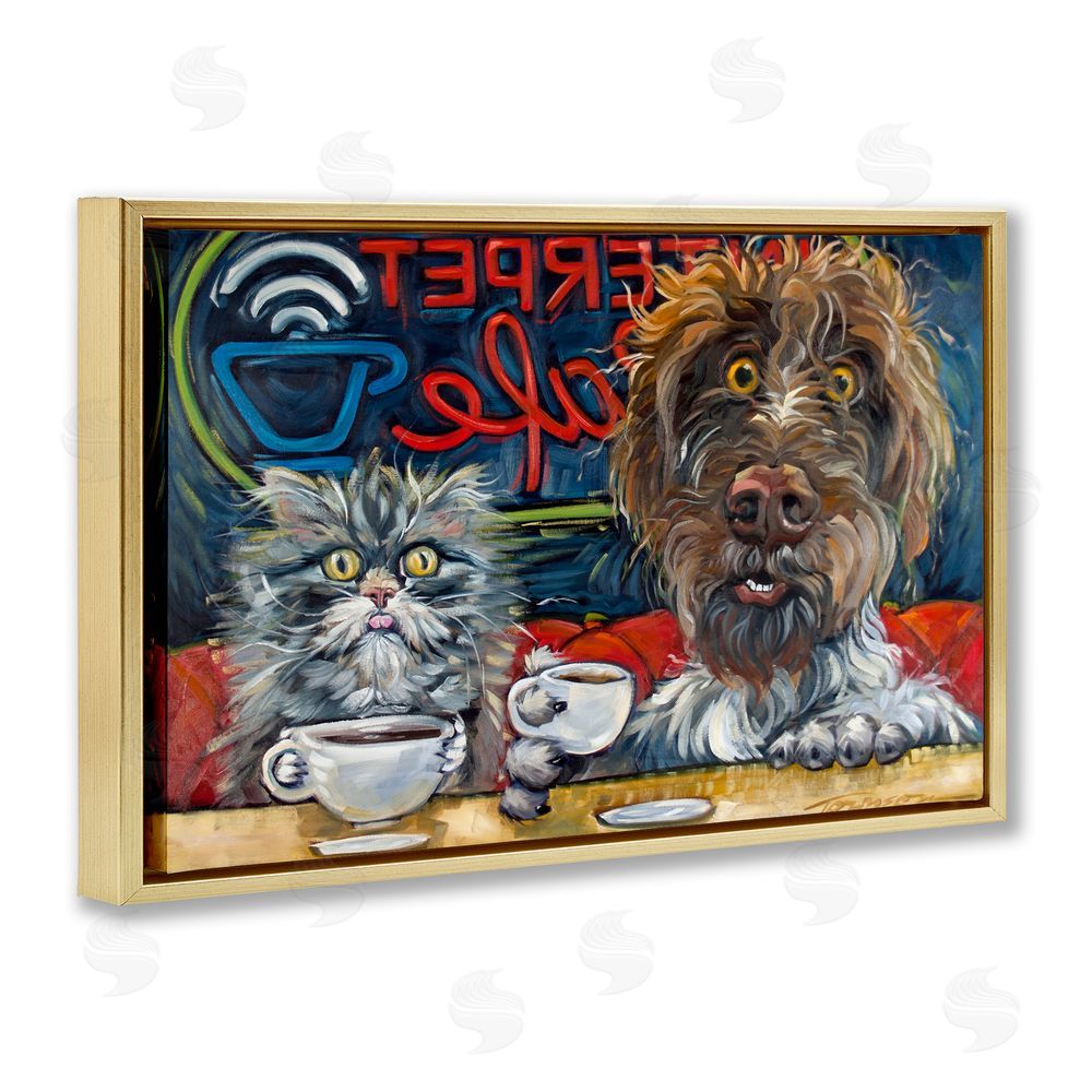 CR Townsend Pets Wired At The Cafe Gold Floating Framed Canvas Wall Art