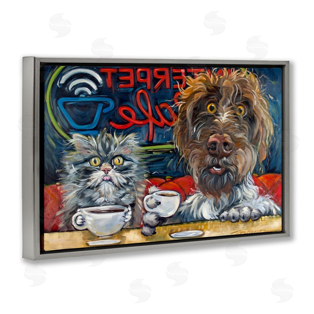 CR Townsend Pets Wired At The Cafe Gray Floating Framed Canvas Wall Art