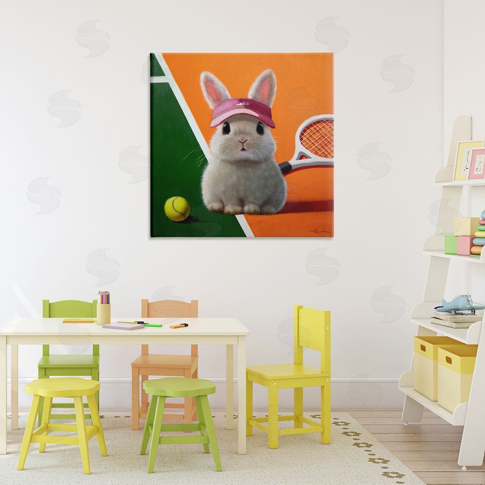 Lucia Heffernan Match Ready Tennis Bunny Stretched Canvas Wall Art in Room