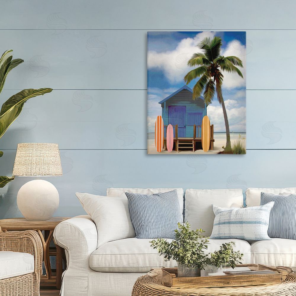Lisa R Dumm Palm Overhanging Surf Shop Stretched Canvas Wall Art in Room