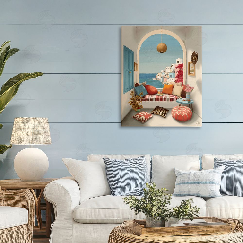 Lisa R Dumm Mediterranean Seaside Window View Stretched Canvas Wall Art in Room