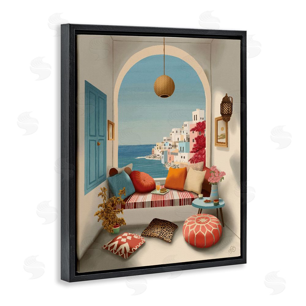 Lisa R Dumm Mediterranean Seaside Window View Black Floating Framed Canvas Wall Art