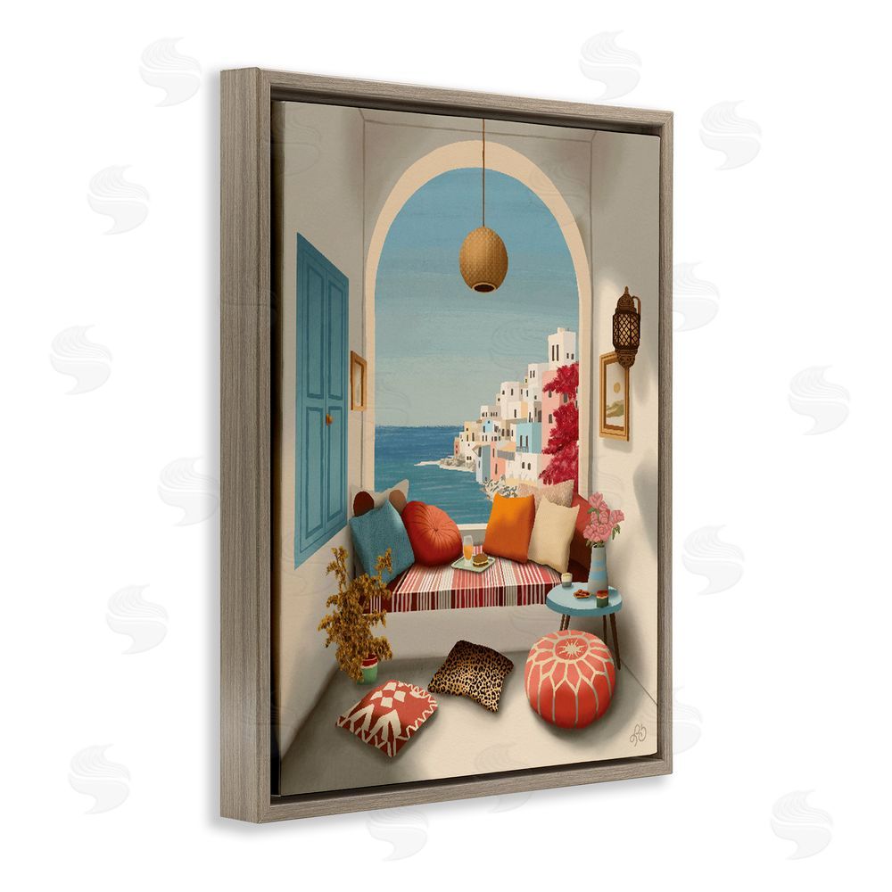 Lisa R Dumm Mediterranean Seaside Window View Brown Floating Framed Canvas Wall Art