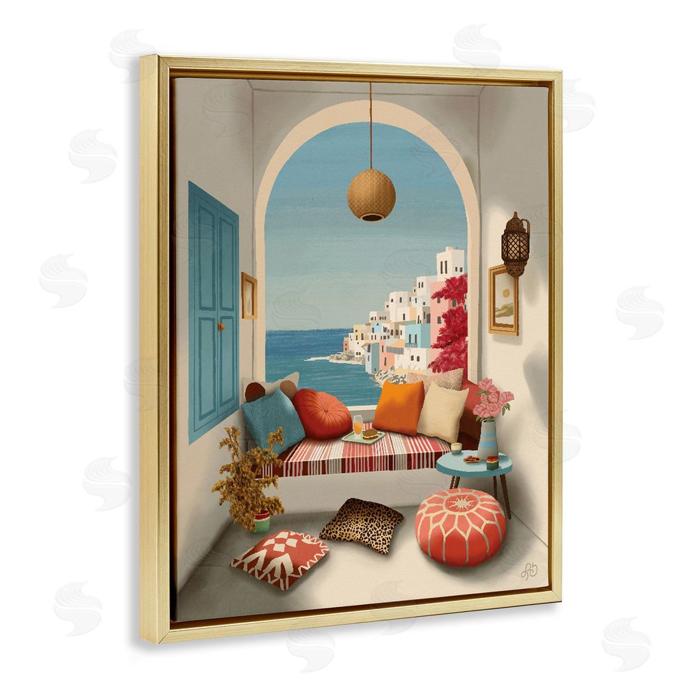 Lisa R Dumm Mediterranean Seaside Window View Gold Floating Framed Canvas Wall Art