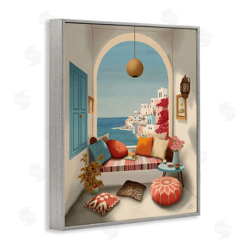 Lisa R Dumm Mediterranean Seaside Window View Gray Framed Giclee Wall Art