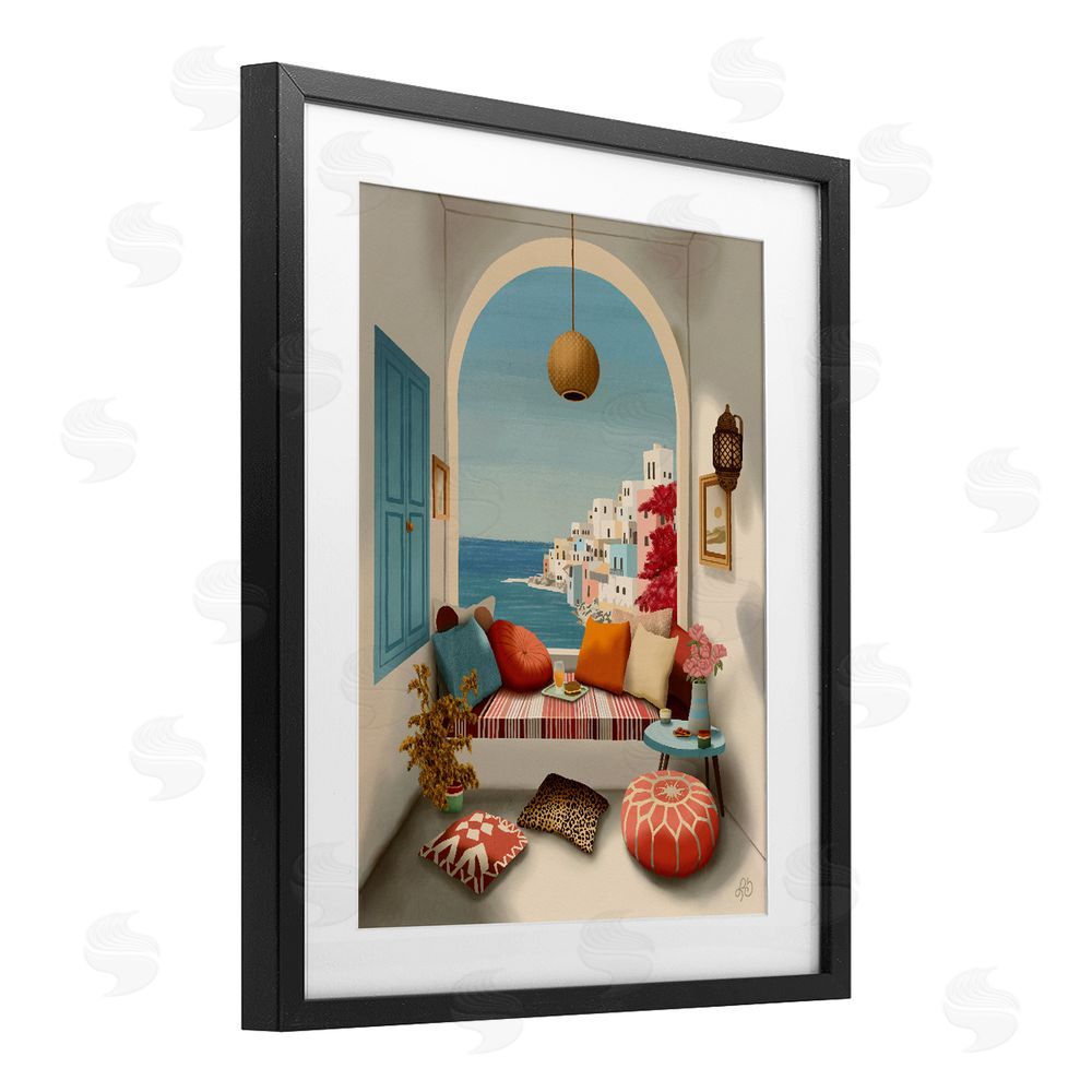 Lisa R Dumm Mediterranean Seaside Window View Black Framed Print Under Glass Wall Art