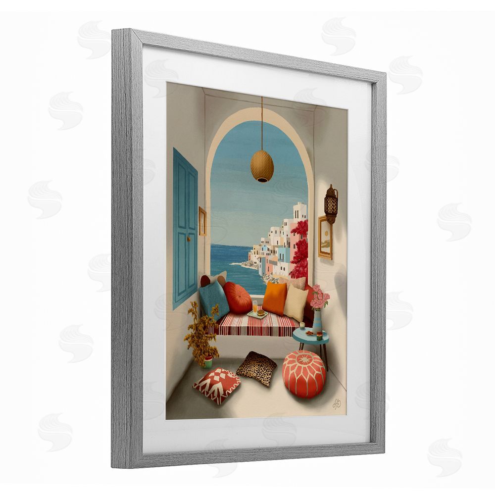 Lisa R Dumm Mediterranean Seaside Window View Gray Framed Print Under Glass Wall Art