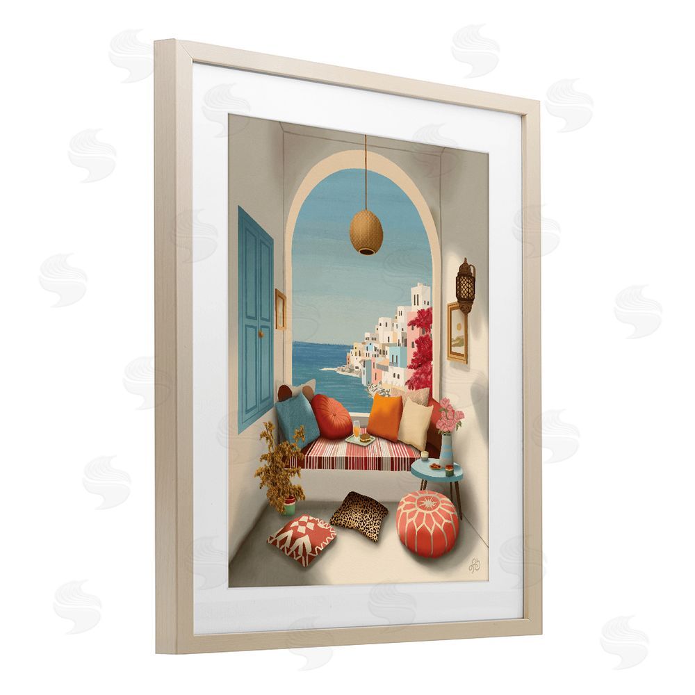 Lisa R Dumm Mediterranean Seaside Window View Brown Framed Print Under Glass Wall Art