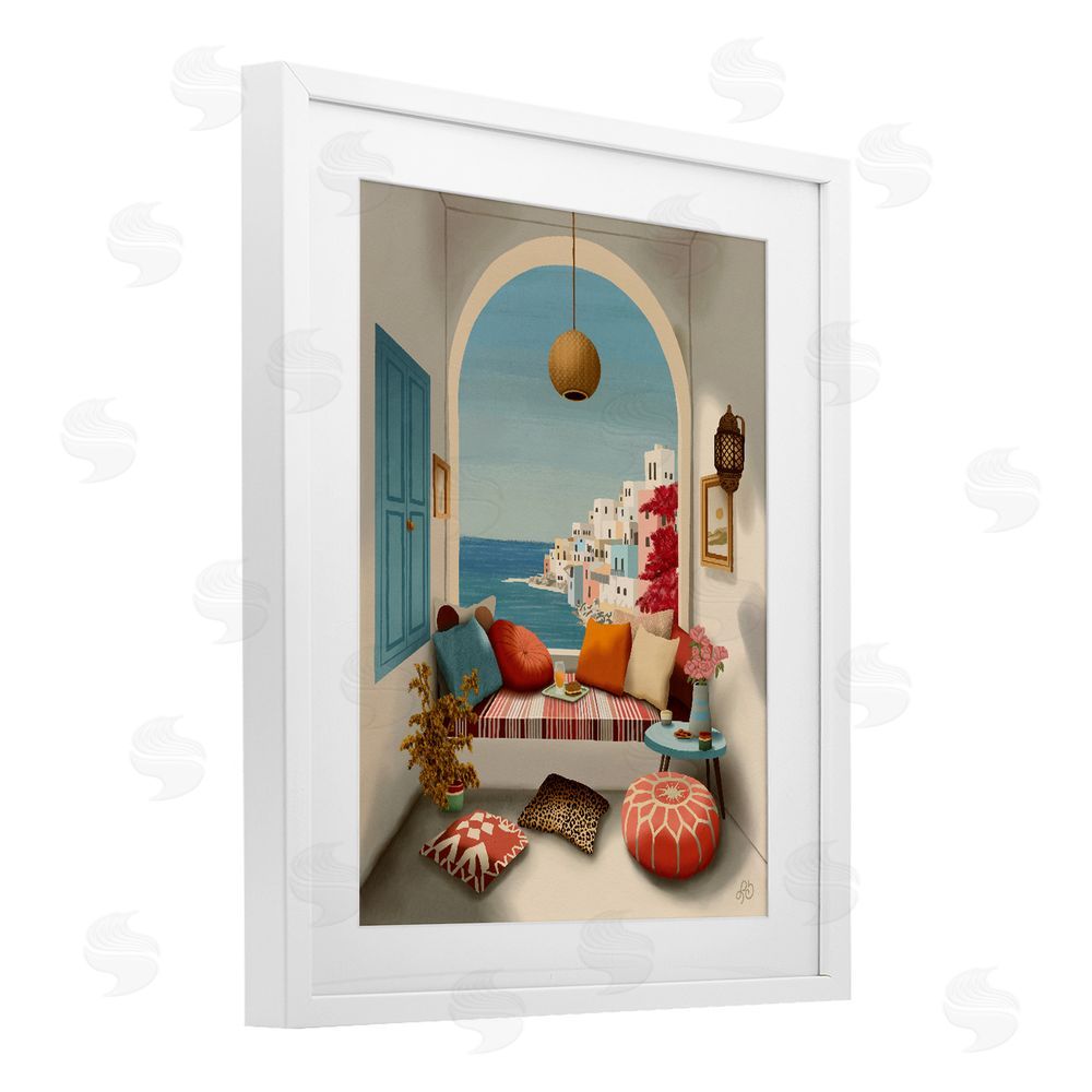 Lisa R Dumm Mediterranean Seaside Window View White Framed Print Under Glass Wall Art
