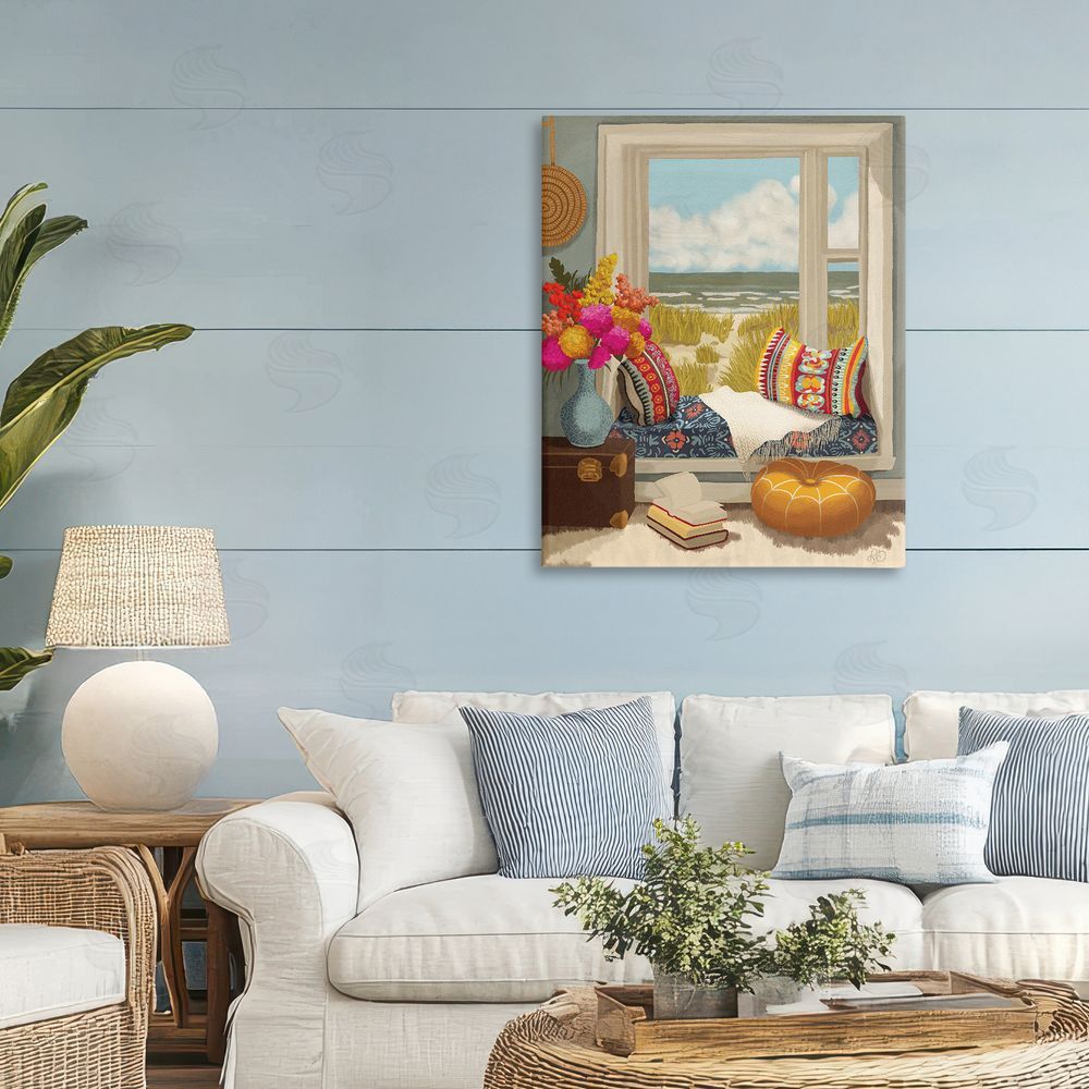 Lisa R Dumm Coastal Vacation Window Seat Stretched Canvas Wall Art in Room