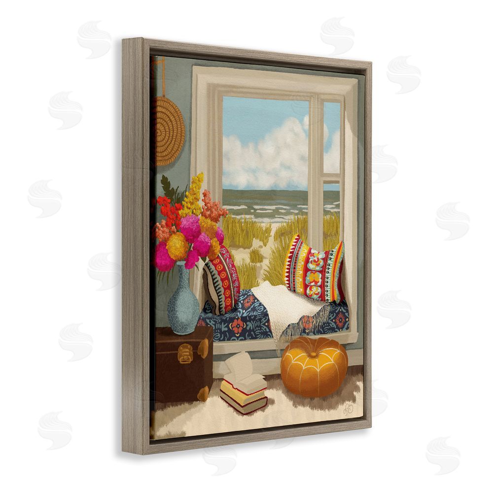 Lisa R Dumm Coastal Vacation Window Seat Brown Floating Frame Canvas Wall Art Print