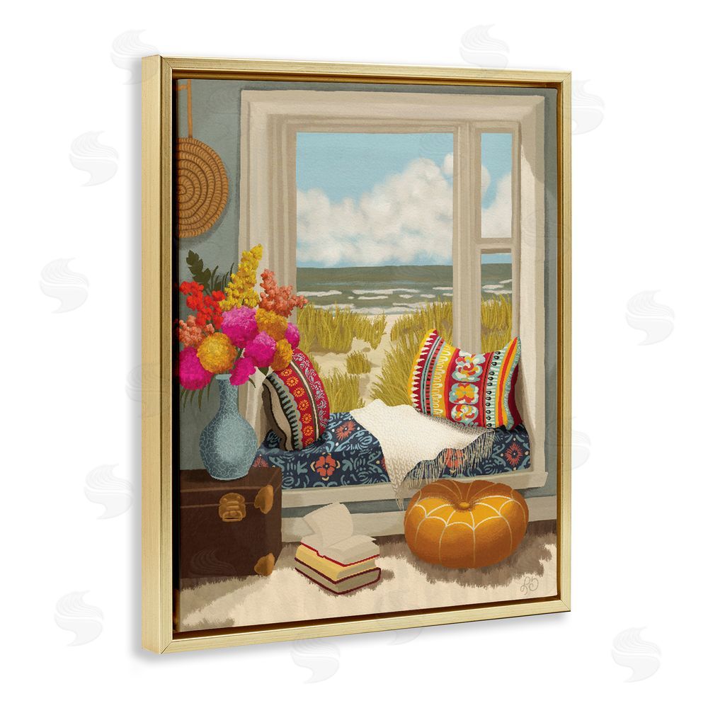 Lisa R Dumm Coastal Vacation Window Seat Gold Floating Frame Canvas Wall Art Print