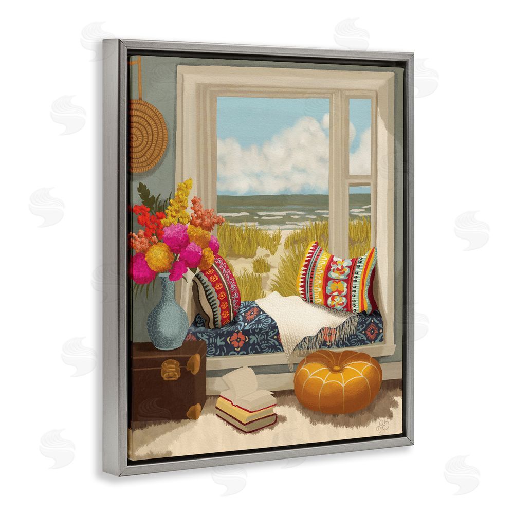 Lisa R Dumm Coastal Vacation Window Seat Gray Floating Frame Canvas Wall Art Print