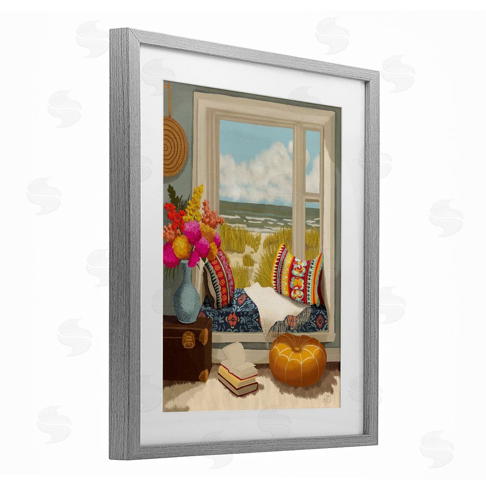 Lisa R Dumm Coastal Vacation Window Seat Gray Framed Print Under Glass Wall Art