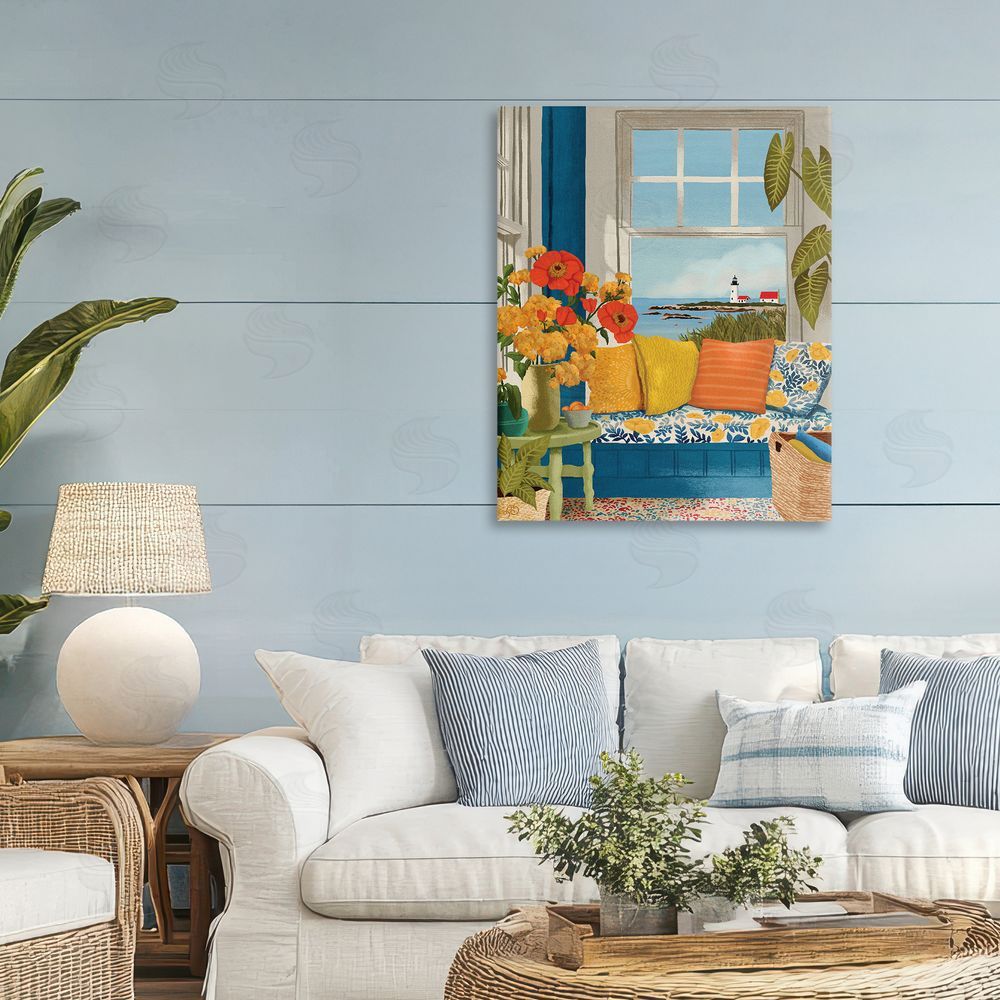 Lisa R Dumm Distant Lighthouse Window View Stretched Canvas Wall Art in Room