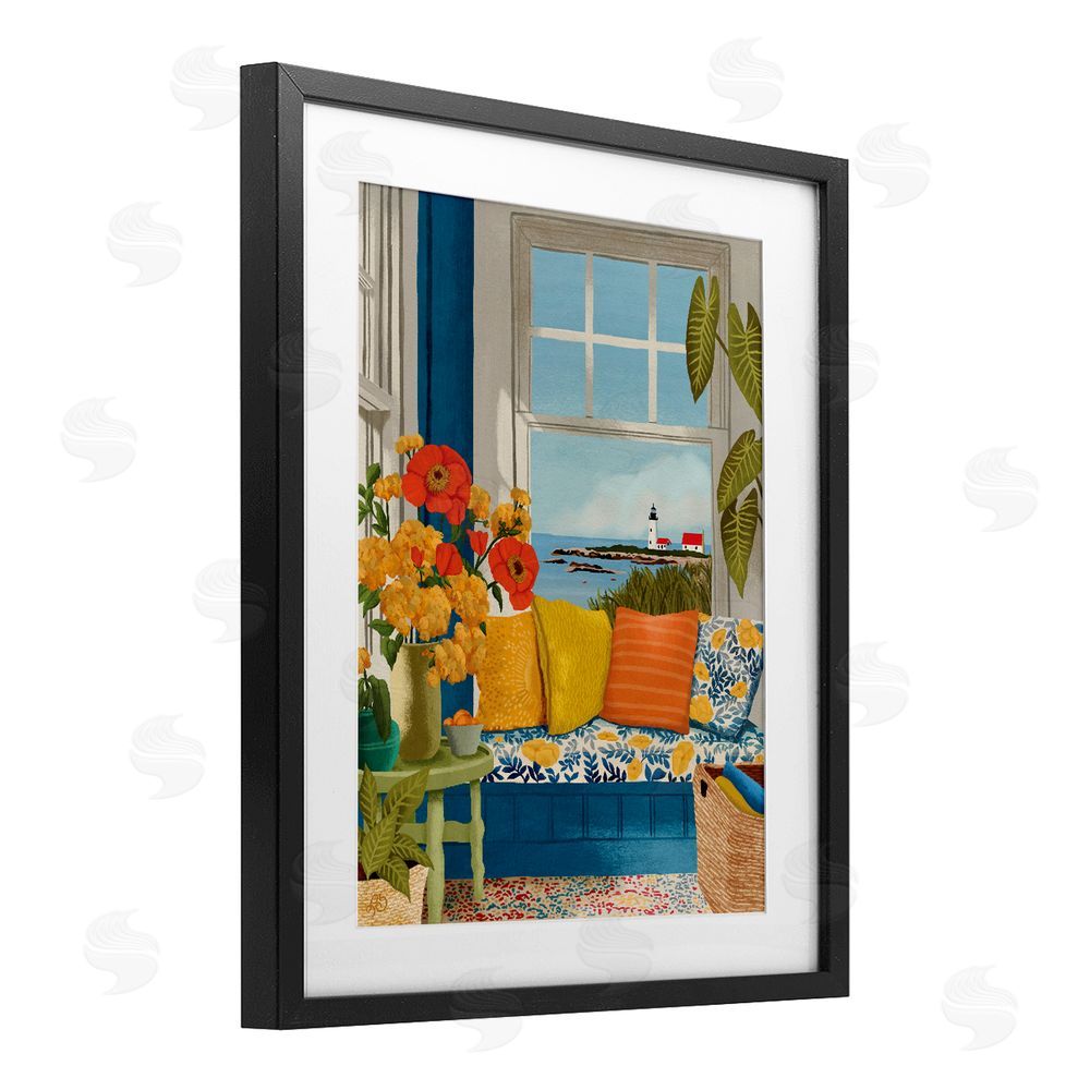Lisa R Dumm Distant Lighthouse Window View Black Framed Print Under Glass Wall Art