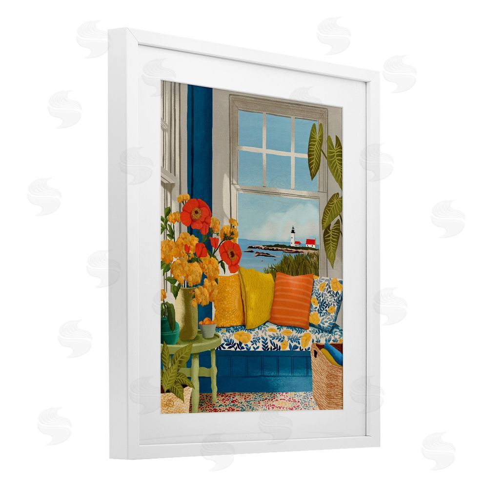 Lisa R Dumm Distant Lighthouse Window View White Framed Print Under Glass Wall Art