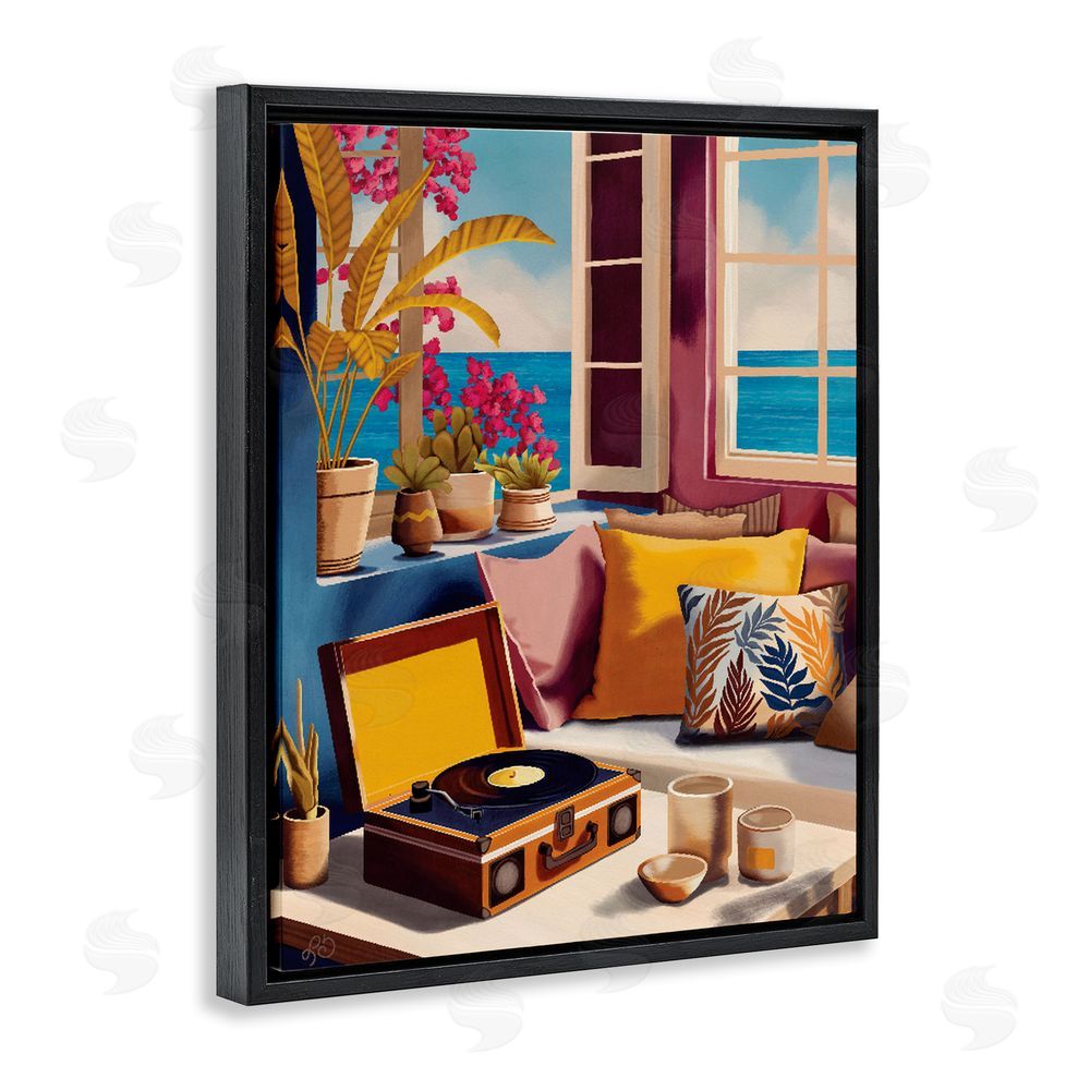 Lisa R Dumm Boho Vacation By The Sea Black Floating Frame Stretched Canvas Wall Art Print
