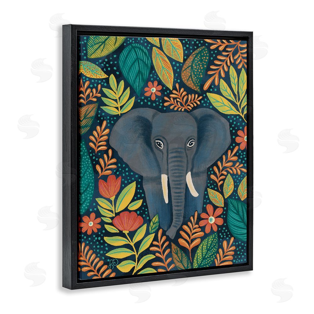 Lisa R Dumm Exotic Leaf Pattern Elephant Black Floating Framed Canvas Wall Art