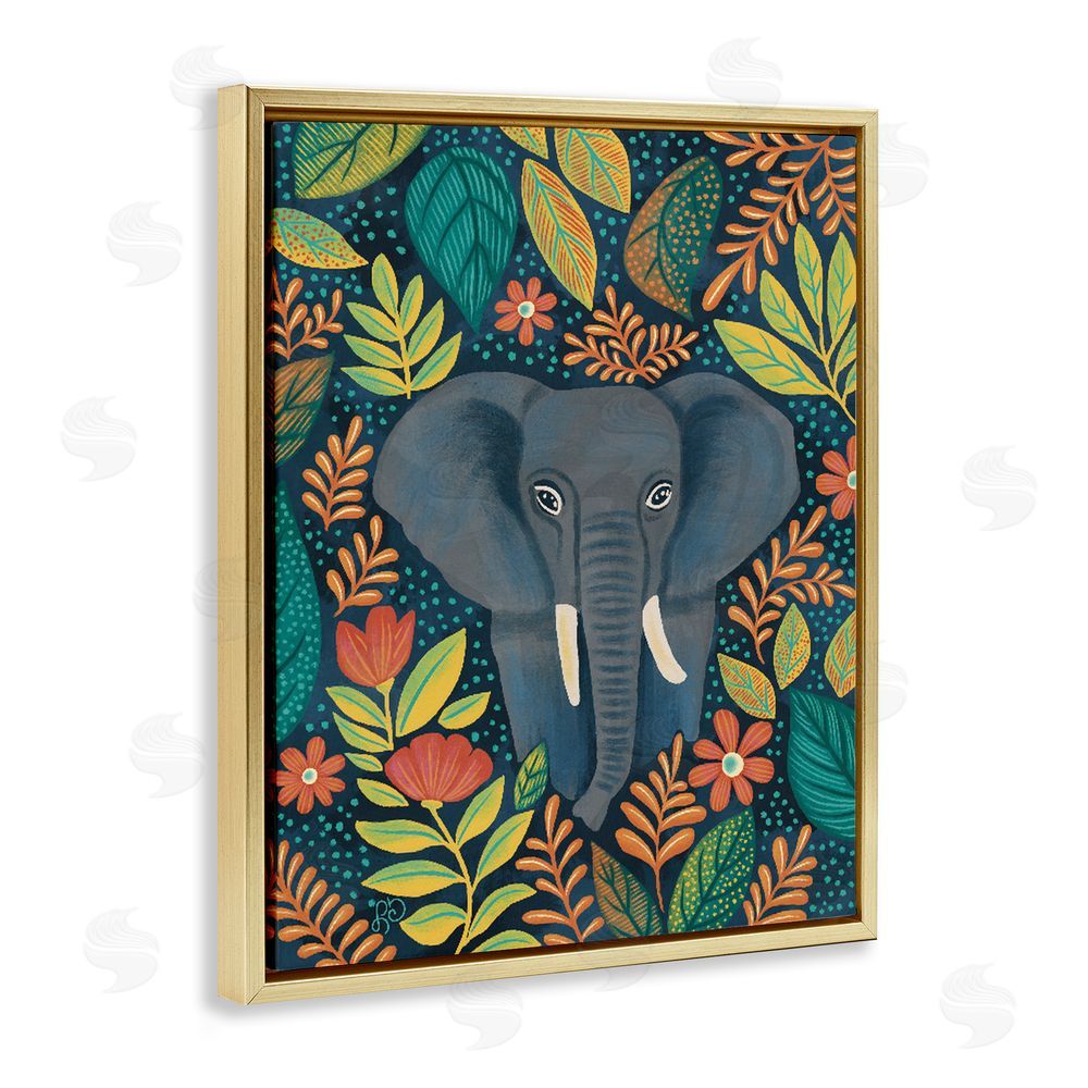 Lisa R Dumm Exotic Leaf Pattern Elephant Gold Floating Framed Canvas Wall Art