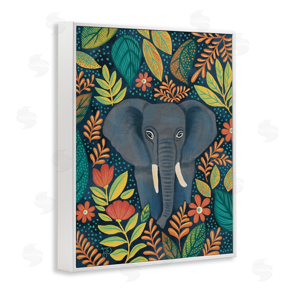 Lisa R Dumm Exotic Leaf Pattern Elephant White Framed Giclee Wall Art