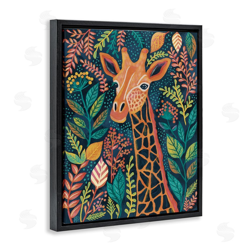 Lisa R Dumm Exotic Leaf Pattern Giraffe Black Floating Framed Canvas Wall Art