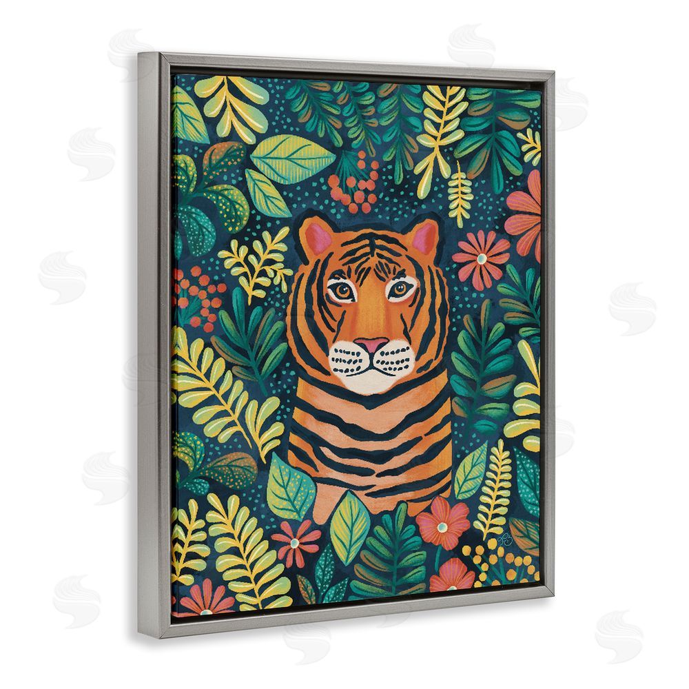 Lisa R Dumm Exotic Leaf Pattern Tiger Gray Floating Framed Canvas Wall Art