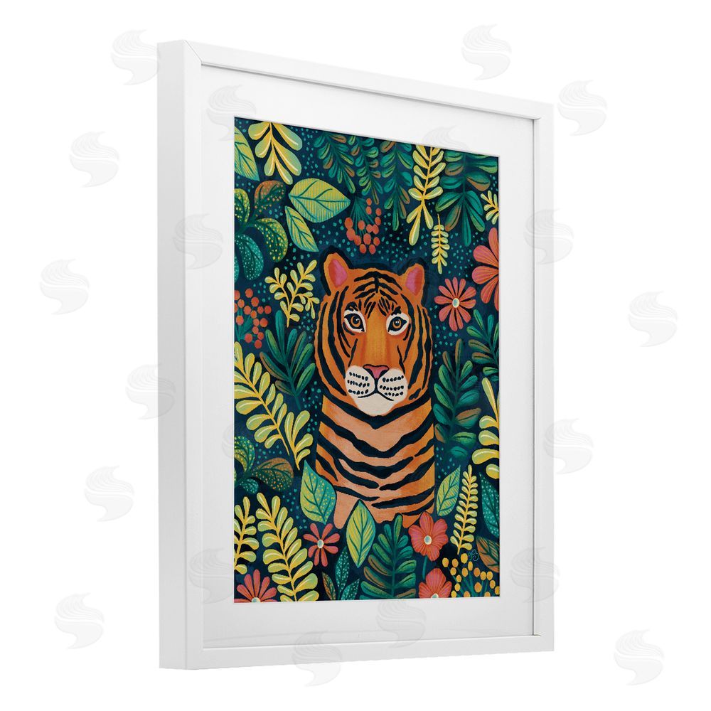 Lisa R Dumm Exotic Leaf Pattern Tiger White Framed Print Under Glass Wall Art