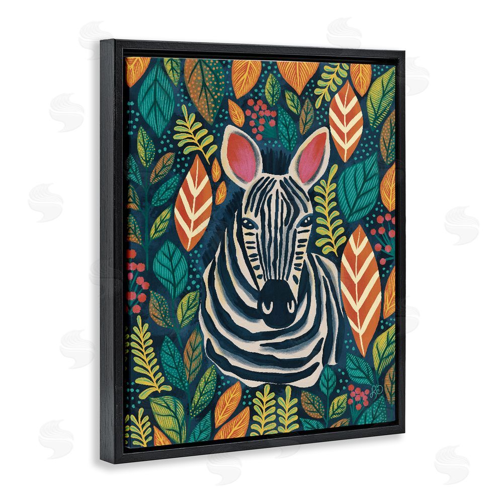 Lisa R Dumm Exotic Leaf Pattern Zebra Black Floating Framed Canvas Wall Art