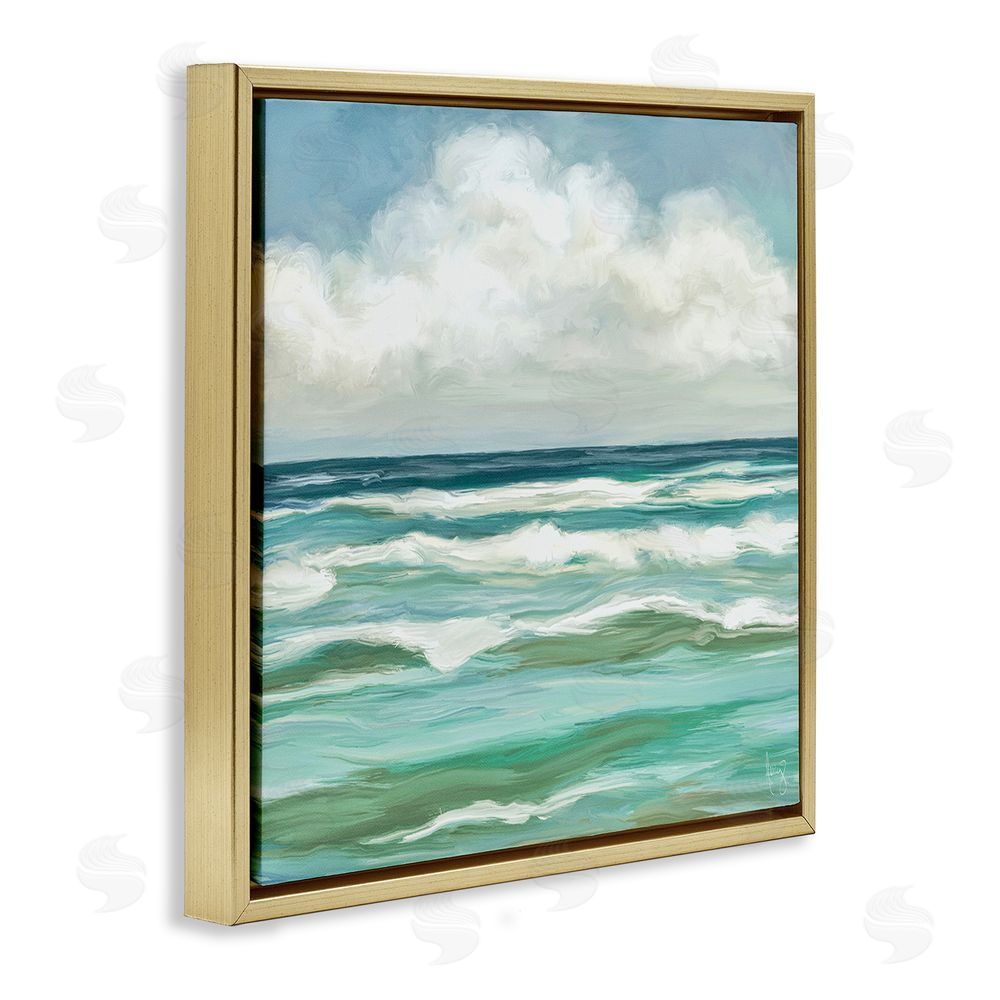 Pam Britton Aqua & Navy Sea Waves Gold Floating Frame Canvas Wall Art Print