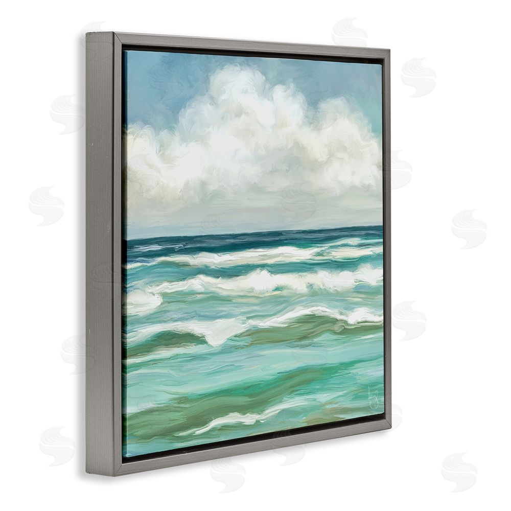 Pam Britton Aqua & Navy Sea Waves Gray Floating Frame Canvas Wall Art Print