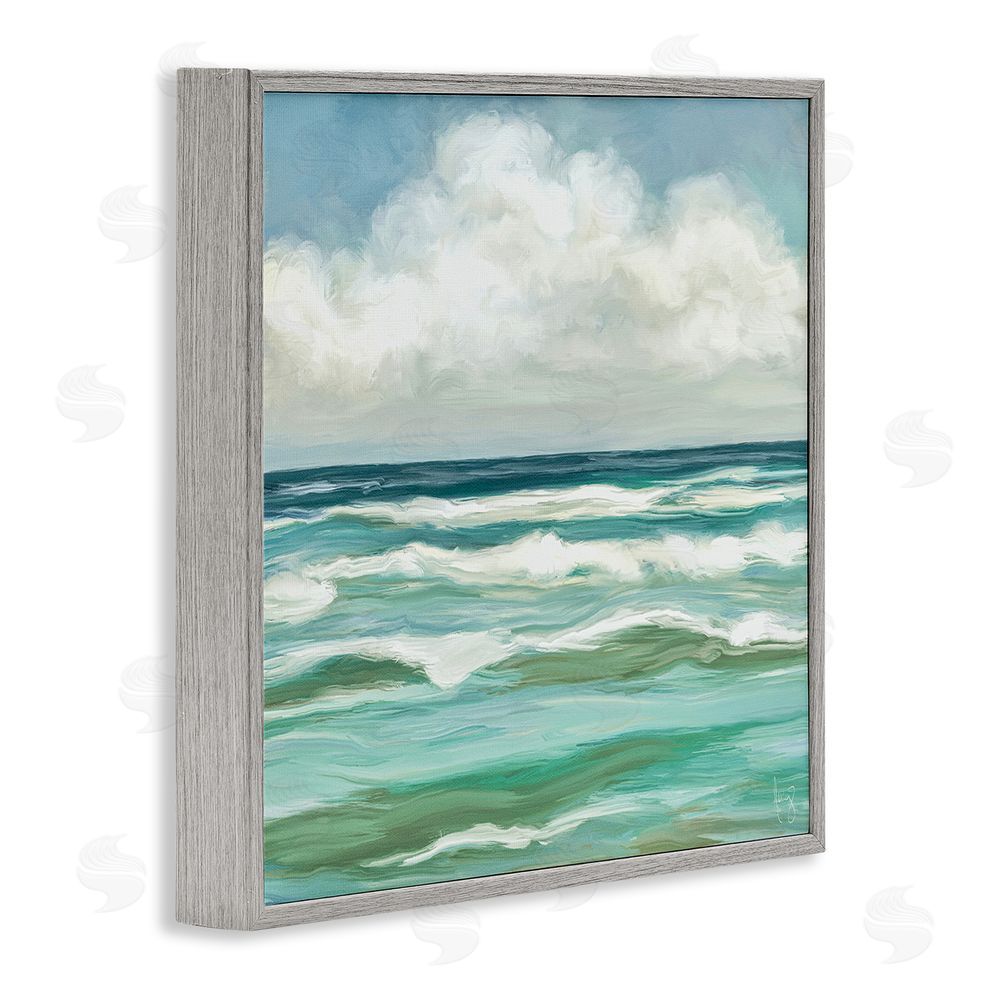 Pam Britton Aqua & Navy Sea Waves Gray Framed Giclee Wall Art Print